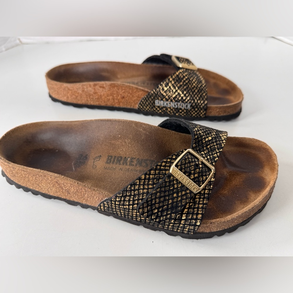 BIRKENSTOCK Madrid Metallic Python Black Gold Buckles Sandals Shoes Women’s 36